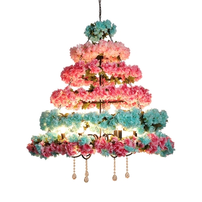 Loft Conical Cage Ceiling Chandelier 6 Bulbs Iron Flower Suspension Light in Pink and Blue with Crystal Drop