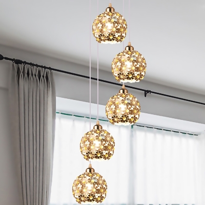 Metal Silver Multiple Hanging Light Dome 5/8 Bulbs Modern Suspension Lamp with Amber Crystal Accent