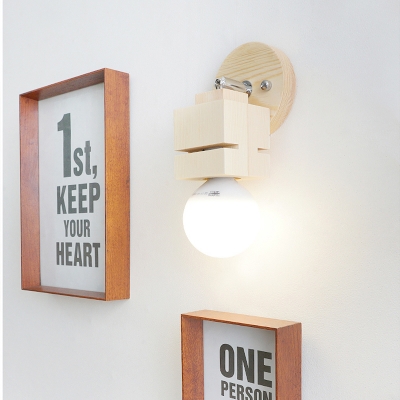 Mini Cuboid Rotating Wall Lamp Minimalist Wood Single Beige Sconce Light with Exposed Bulb Design