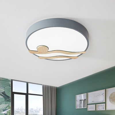 Modern Circle Shaped Flush Light Acrylic Living Room LED Flush Mount Ceiling Lamp with Wood Deco in Grey/White, 16