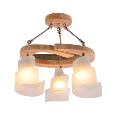 Modern Spiral Panel Hanging Lighting White Frosted Glass 3/5 Bulbs Living Room Pendant Chandelier with Wood Shelf