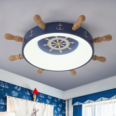Nautical LED Flush Light Fixture Blue/Wood Rudder Ceiling Mount Lamp with Acrylic Shade in Warm/White Light