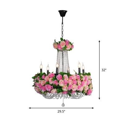 Pink 6 Heads Ceiling Pendant Loft Iron Candlestick Flower Chandelier Light Fixture with Crystal Accent