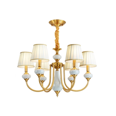 Pleated Barrel White Fabric Down Lighting Traditional 3/6-Bulb Living Room Hanging Chandelier in Brass