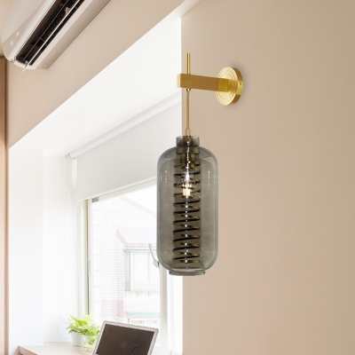 Postmodern Oblong Smoke Glass Wall Lamp 1 Bulb Sconce Lighting Fixture in Brass with Coiled Metal Guard Inside