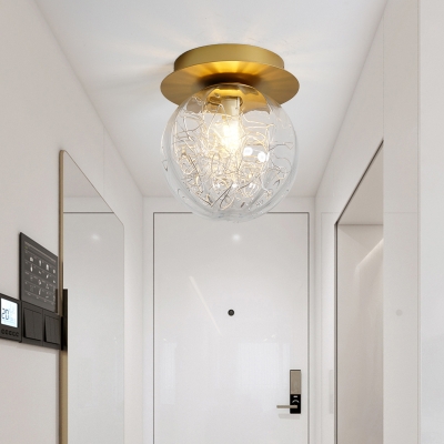 Pumpkin Ball Flush Mount Lighting Modern Clear Glass 1 Light Gold Ceiling Lamp Fixture with Metal Line Inside