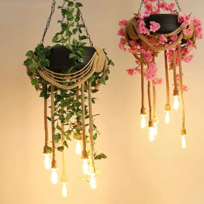 Rope Bare Bulb Chandelier Farmhouse 6 Lights Restaurant Pendant with Rubber Tire Design and Green Plant/Pink Flower