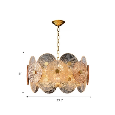 Round Panel Ceiling Chandelier Modernism Clear Ribbed Glass 8/12-Bulb Gold Hanging Light Kit with Drum Design