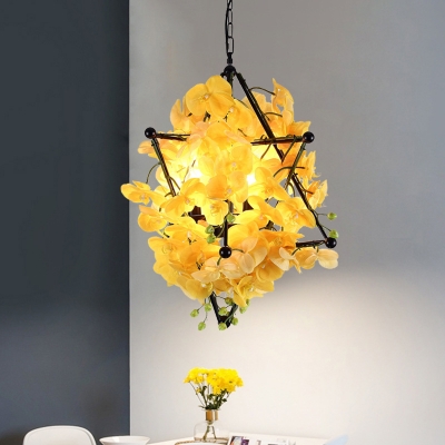 Rural Blooming Hanging Light Fixture 4 Heads Metal Chandelier in Yellow/Red with Pentagram Frame