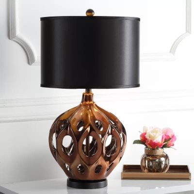 Rustic Hollowed Out Jar Table Light Single Ceramic Nightstand Lamp in Gold/Rose Gold with Straight Side Fabric Shade