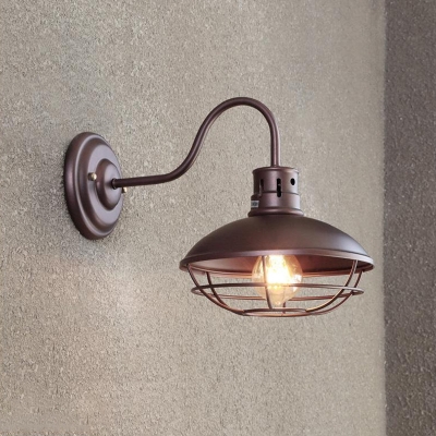 Saucer Restaurant Sconce Lamp Fixture Industrial Iron 1 Light Black/Coffee Finish Wall Mounted Light with Cage
