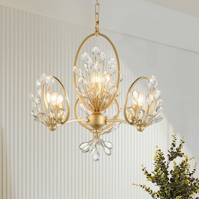 Traditional Branch Pendant Light 3-Bulb Faceted Crystal Chandelier Lamp Fixture in Gold with Ring