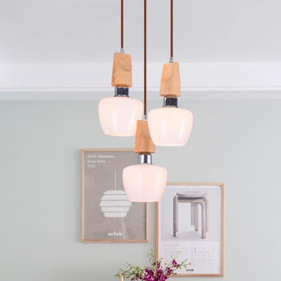 Tulip Dining Room Pendant Lighting White Glass 3 Bulbs Modernist Wood Multiple Hanging Lamp