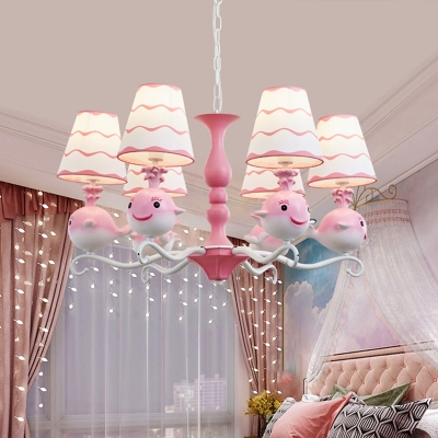 Whale Kindergarten Chandelier Metal 6 Heads Kids Hanging Pendant Light with Conic Shade in Pink/Blue