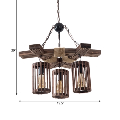 Wood Brown Hanging Lamp Kit Cylinder 3/6-Light Industrial Chandelier Pendant Light with Branch Beam