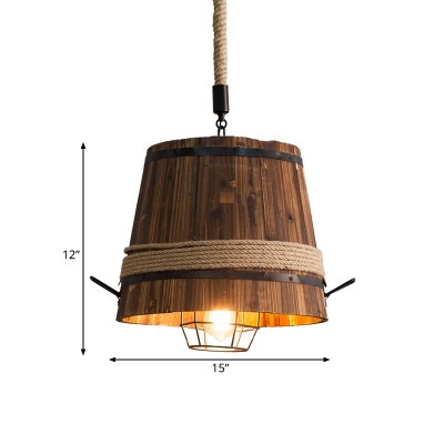 Wood Bucket Suspension Pendant Vintage 1 Light Restaurant Hanging Ceiling Light with Rope Rod and Globe Cage