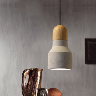 1 Light Ceiling Pendant Light Antiqued Cone/Trapezoid/Can Cement Hanging Lamp in Grey and Wood, 8.5