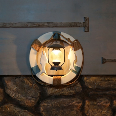 1 Light Wall Mount Lamp Coastal Kerosene Tan Ribbed Glass Wall Sconce in Black with Metal Circular Deco
