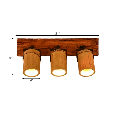 2/3 Lighting Wall Hanging Light Retro Style Tubular Bamboo Wall Sconce Lighting in Brown with Wood Linear Backplate