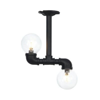 2-Light LED Semi Flushmount Industrial Hallway Ceiling Mounted Lamp with Orb Clear Glass Shade in Black