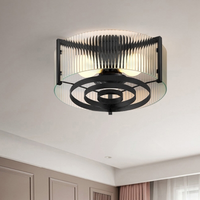 3-Bulb Flush Mount Chandelier Clear Striped/Trellis Glass Retro Bedroom Ceiling Light with Drum Shade in Black