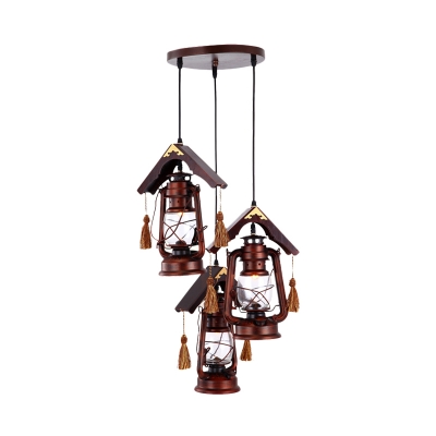 3-Bulb Suspension Lamp Warehouse Dining Room Cluster Pendant Light with Kerosene Clear Glass Shade in Copper