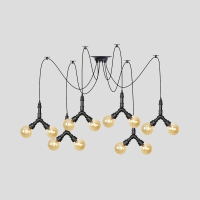 4/6/12-Light LED Multi Pendant Vintage Coffee Shop Swag Hanging Lamp with Orb Amber Glass Shade in Black