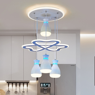 4-Bulb Kitchen Suspension Pendant Contemporary White/Black Loving Heart Designed Cluster Hanging Lamp with Bottle Acrylic Shade