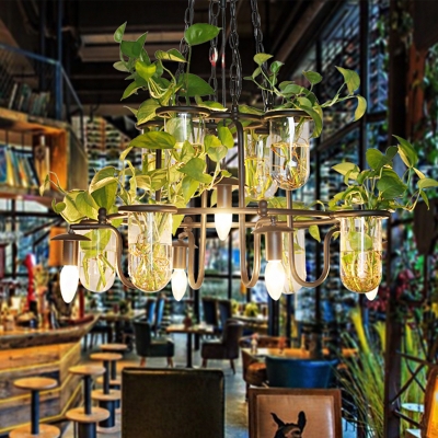 5-Head Iron Chandelier Light Industrial Black Candle Restaurant Pendant Lamp with Potted Plant