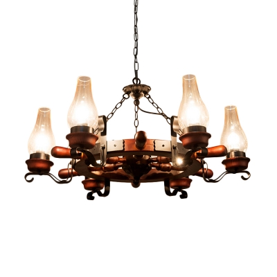 6/8 Heads Rudder Chandelier Light Vintage Restaurant Wood Hanging Pendant with Vase Clear Glass Shade in Brown
