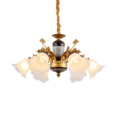 6-Head Floral Drop Pendant Light Vintage Gold Finish Frosted Glass Ceiling Chandelier