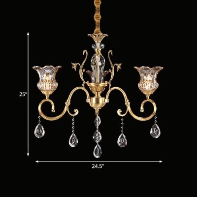 Amber Glass Brass Chandelier Floral 3 Bulbs Postmodern Ceiling Light with Crystal Accent