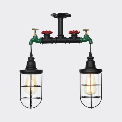 Antiqued Wire Cage Semi Flush Light Fixture 2-Light Clear Glass Flushmount Lighting in Black