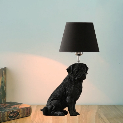 Black Dog Table Lamp Country Resin Single Bedside Nightstand Light with Tapered Fabric Lampshade