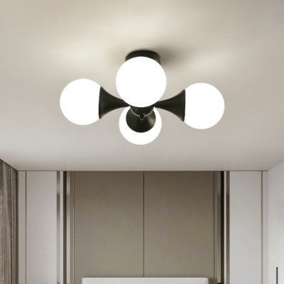 Black Radial Semi Flush Mount Light Modern 4 Heads Milky Glass Close to Ceiling Lamp for Bedroom