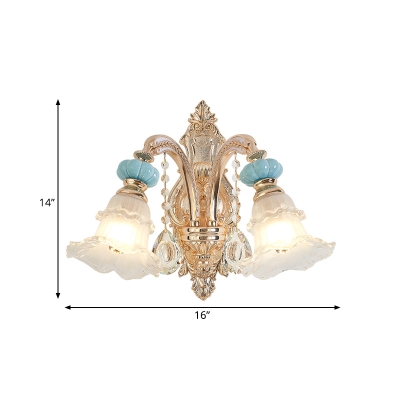 Bloom White Glass Wall Light Modernism 1/2 Heads Bedroom Sconce in Gold with Dangling Crystal