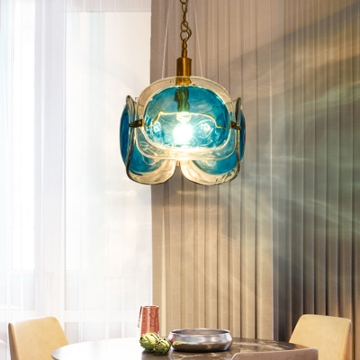 Blue Water Glass 3-Panel Pendant Lighting Modernist 1 Bulb Brass Hanging Lamp with Loop Design