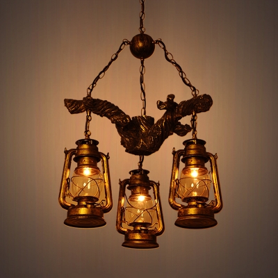 Brass 3-Light Chandelier Lamp Warehouse Clear Glass Kerosene Pendant Lighting Fixture with Resin Branch Beam