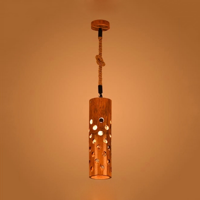 Brown Etched Tubular Hanging Pendant Light Vintage Bamboo 1 Head Restaurant Ceiling Fixture with Rope Rod