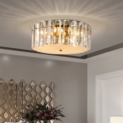 Clear Crystal Block Drum Flush Light Modernism 4 Heads Bedroom Ceiling Mounted Lamp