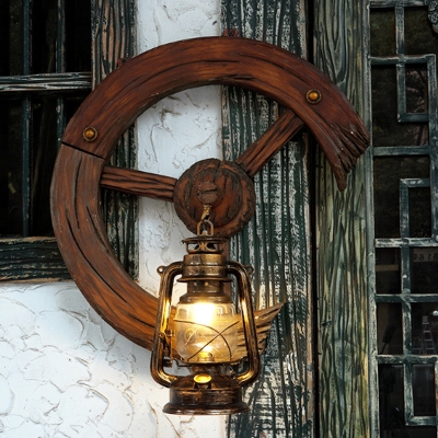 Clear Glass Lantern Wall Lamp Sconce Factory 1 Light Dining Room Wall Lighting Ideas in Brass with Wood Rudder