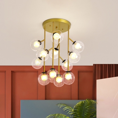 Clear Glass Orb Semi Flush Ceiling Light Modernist 9/12 Lights Flush Lamp Fixture in Black/Gold for Living Room
