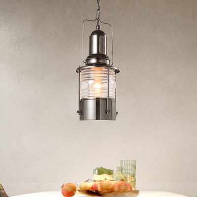 Clear Ribbed Glass Chrome Drop Pendant Lantern 1 Bulb Loft Style Hanging Light Fixture