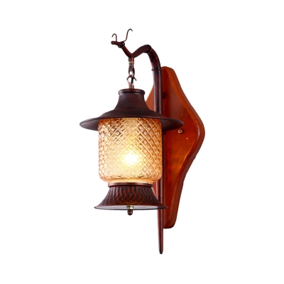 Copper 1-Light Wall Mount Light Fixture Coastal Clear Prismatic Glass Cylinder Sconce Lighting with Wood Backplate