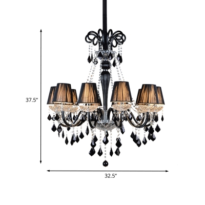 Crystal Drip Black Pendant Chandelier Curved Arm 10 Bulbs Traditional Ceiling Light with Fabric Shade