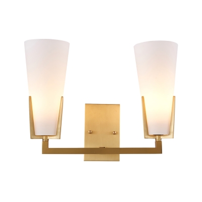 Deep Cone Frosted White Glass Wall Lamp Mid-Century 2 Bulbs Brass Sconce Lighting for Bedside