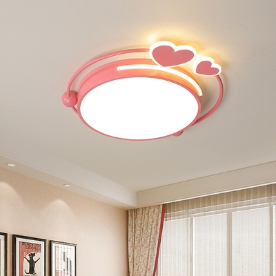 Drum Ceiling Flush Minimalist Acrylic Pink LED Flush Mount Lighting Fixture with Loving Heart Design in Warm/White Light