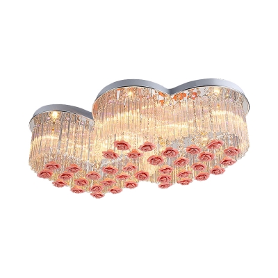 Dual Heart Crystal Ceiling Fixture Modern 8-Head Living Room Flush Light in Pink with Rose Decor