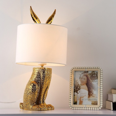 Fabric Drum Night Table Light Contemporary 1 Light Gold Nightstand Lamp with Rabbit Design