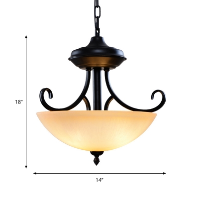 Frosted Glass Black Pendant Lamp Wide Bowl 3 Heads Vintage Chandelier Light with Scroll Fixture Arm